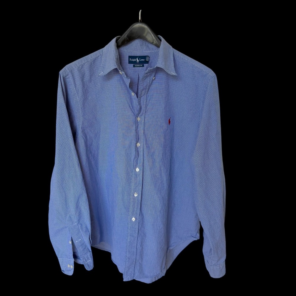 90's Ralph Lauren Blue Gingham Button Down Shirt Classic Fit 17 36/37‎ Cotton